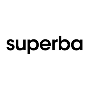 Lowercase wordmark reading superba in bold rounded black sans-serif with a thin white outline on a transparent background.