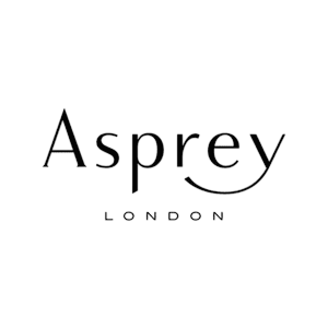 Asprey logo: elegant wordmark with a curved tail on the "y" and "LONDON" in small capitals beneath.