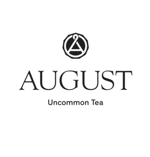 Circular emblem with a stylized letter A above the word AUGUST in serif type, with the tagline "Uncommon Tea" beneath.
