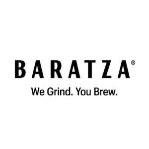 Baratza logo in bold uppercase letters with registered symbol and the tagline We Grind. You Brew. beneath on black.