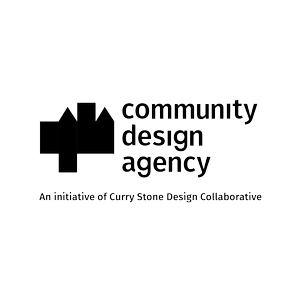 Black geometric building icon left of lowercase text "community design agency" with a small tagline beneath