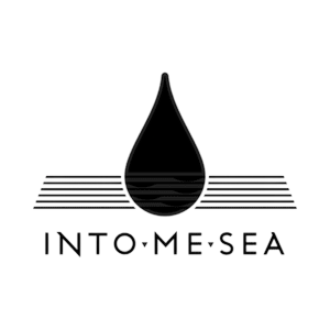Stylized water droplet with wave pattern above stacked horizontal lines and the text INTO•ME•SEA beneath