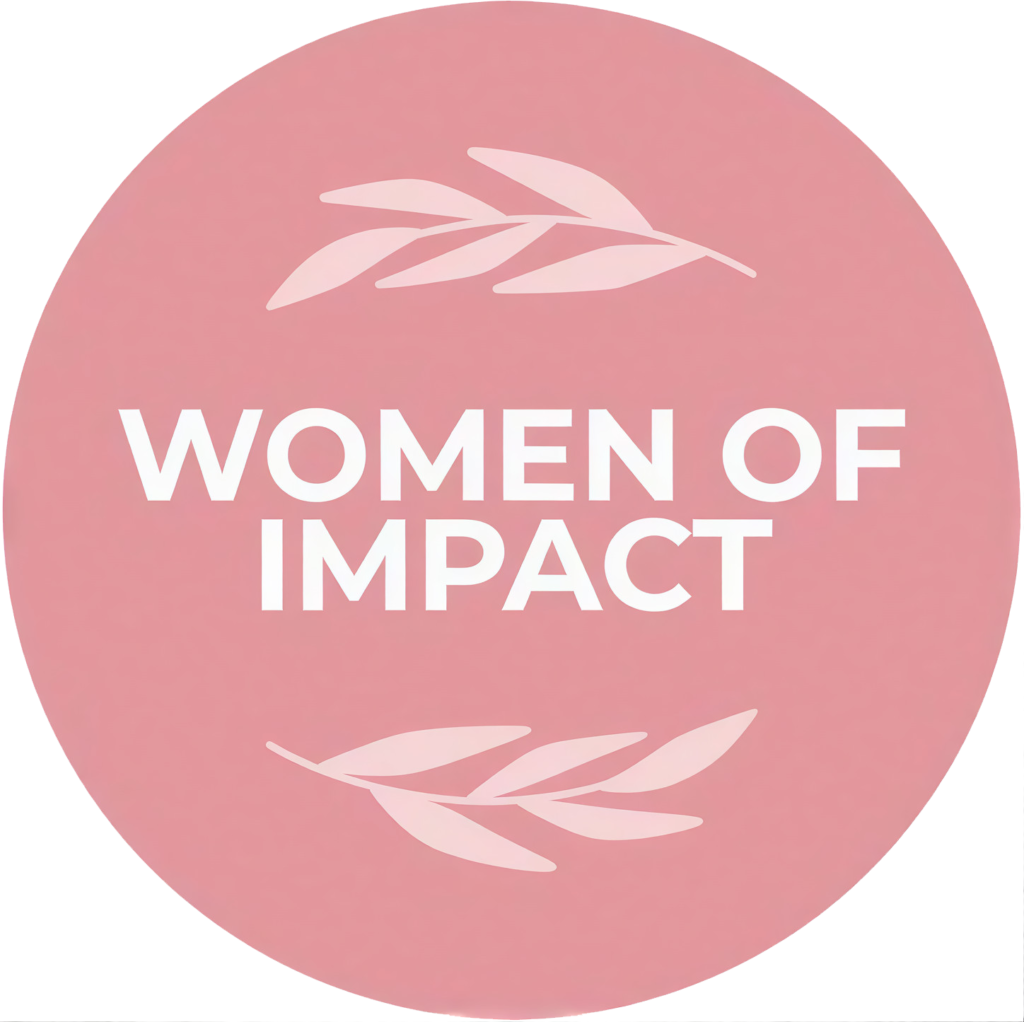 Round pink badge reading WOMEN OF IMPACT in bold white letters, with pale pink leaf branches above and below