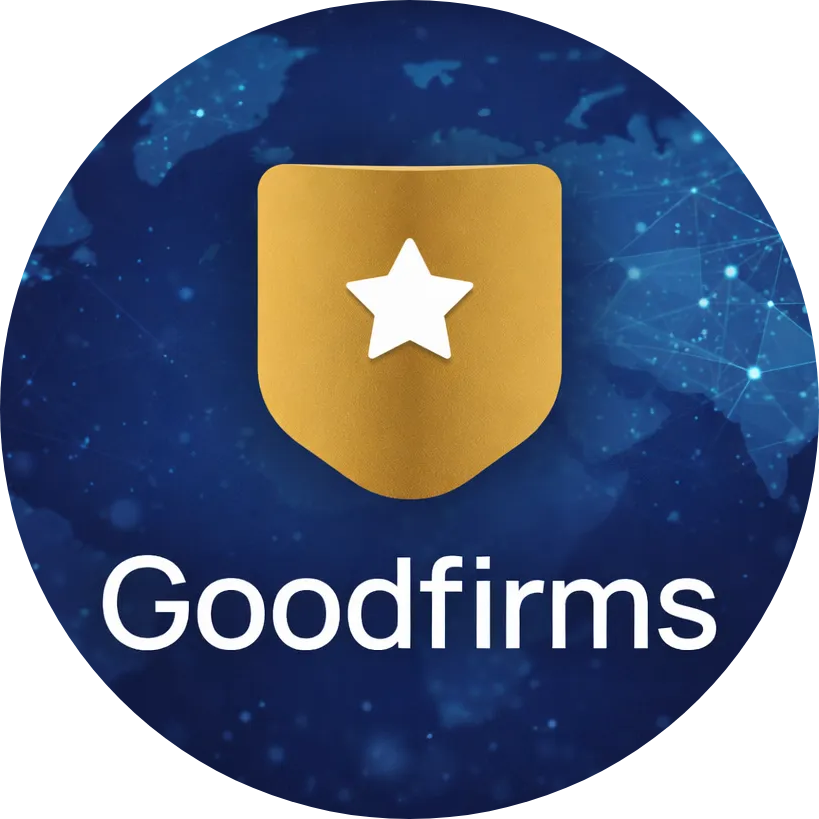 Gold shield with a white star above the word Goodfirms on a dark blue globe and connected-network background.